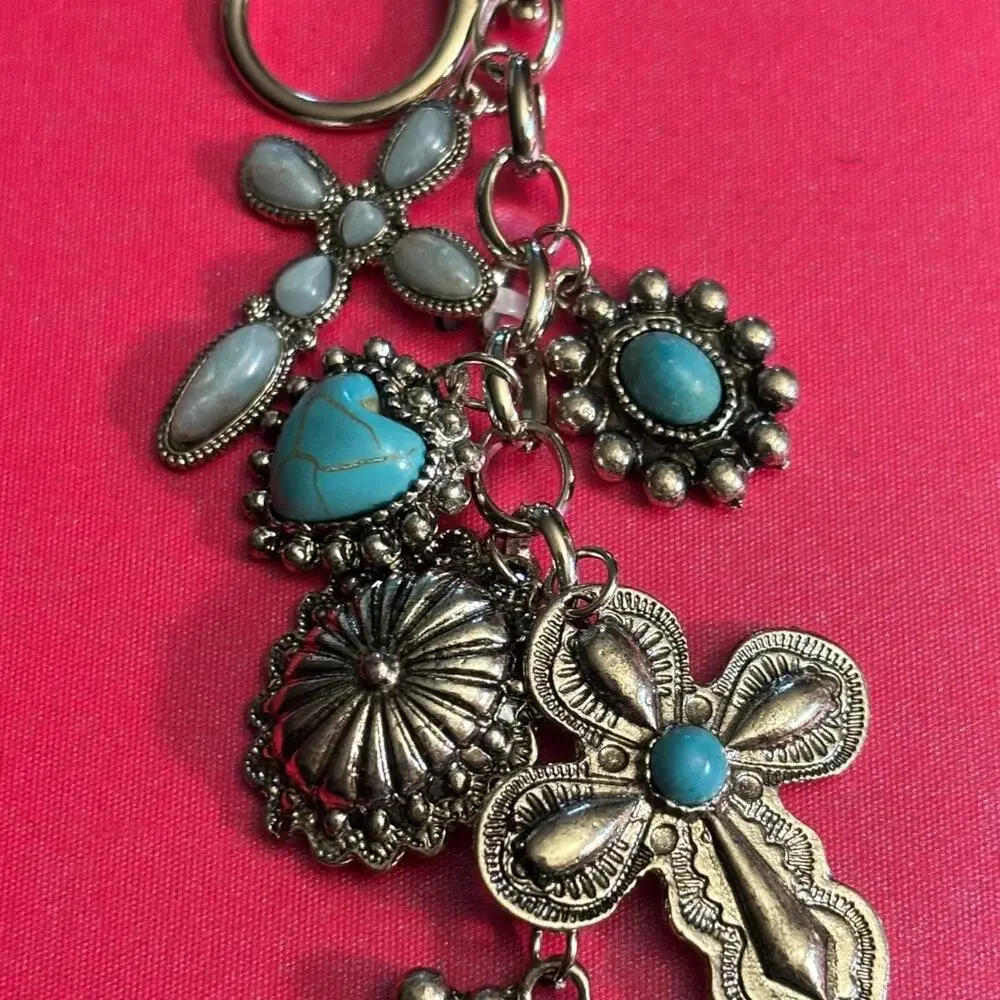 Persimmon Turquoise Silver Cross Keychain Charm NEW